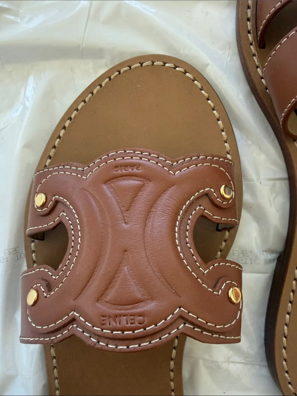 Celine Tan Brown Leather Embossed Slide Sandals with Gold Studs